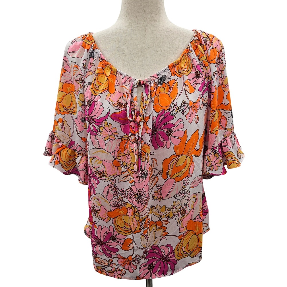 CeCe Pink Orange Floral Ruffle Sleeve‎ Keyhole Blouse Top Medium